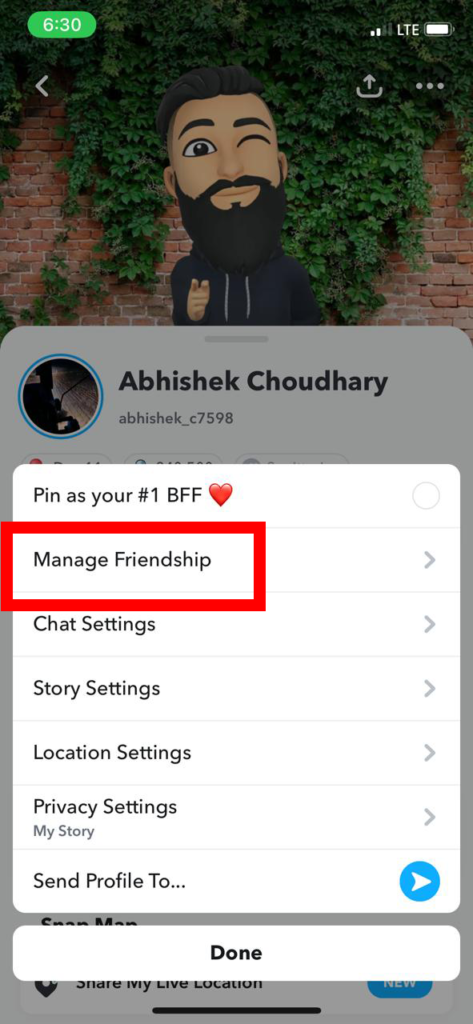 Click on Manage Friendship in snapchat
